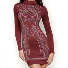 Windsor Studded Sheath Spandex Bodycon Long Slv Burgundy Celebrity Party Dress M