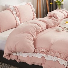 Herside Pink Duvet Cover Set Double Ruffle Bedding White Pink Ruffle Layers Desi