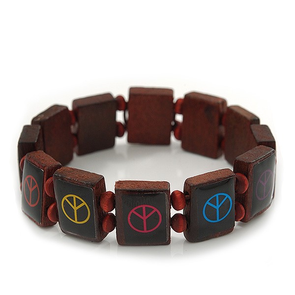 Brown Wooden 'Peace' Flex Bracelet - Adjustable