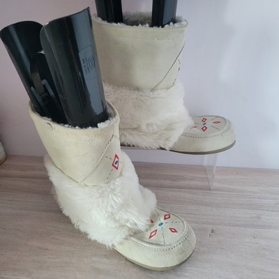 Air Walk Moccasin Boots Wmn s 8.5 Cream Suede Mid Calf Faux Fur Winter