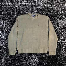 Vintage Polo Ralph Lauren V Neck Olive Green Cotton Knit Sweater Size M