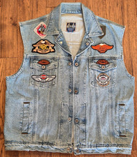 Harley Davidson Biker Blues Denim Blue Sleeveless Jacket Vest w/ Patches U.S.A.