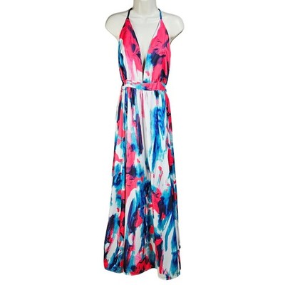 Boho Red Blue Abstract Watercolor Slit Halter Maxi Dress Med Resortwear Beachy