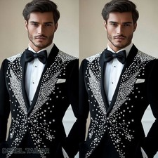 Shiny Men Suits For Wedding Luxury Beaded Crystals Groom Tuxedos Party Blazers