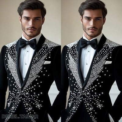 Shiny Men Suits For Wedding Luxury Beaded Crystals Groom Tuxedos Party Blazers