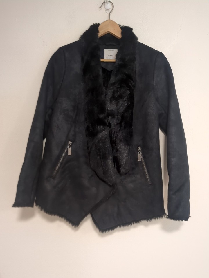 Pinko Jacket Faux Fur And Suede Black Pockets Size 8