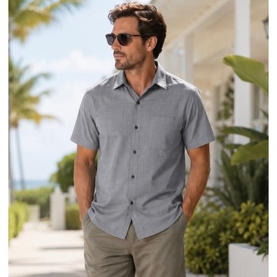 Alfani Mens Large Grey Textured Grid Button Down Shirt Short Sleeve Rayon Blend