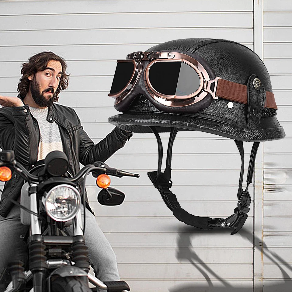 Medio casco de motocicleta de cuero estilo vintage alemán para adultos con gafas Foto 2 de 4