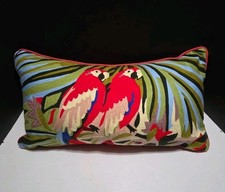Tropical Parrot Red Bird Embroidered Throw Lumbar Pillow Cotton 25 13.5" Coastal