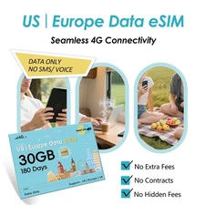 Travel eSIM Data Plan: 30GB 180Days 4G LTE for US, Europe & UK Trips