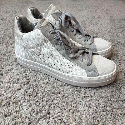 P448 Thea Mid Top Sneaker White Silver EUC Womens Italian Leather Size 41