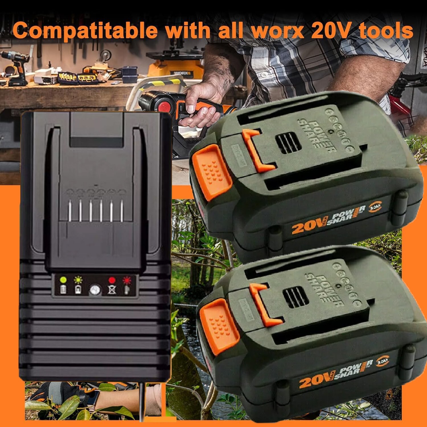 2-Pack WA3520 WORX 20V MAX 2.0Ah/3.0Ah Battery Charger Compatible with WA3525 WA3575