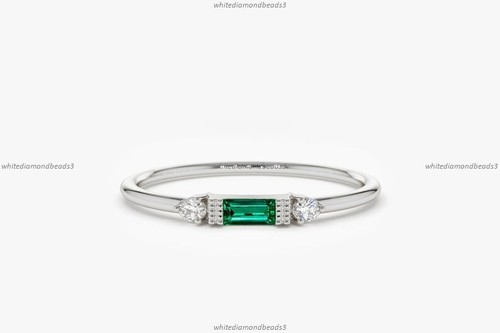Minimalist Band Fine Birthday Ring 14k Yellow Gold Emerald Diamond Gemstone - Picture 6 of 6
