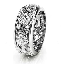 14k White Gold Over Womens Wedding Band Filigree Vintage Stackable Ring Size J-T