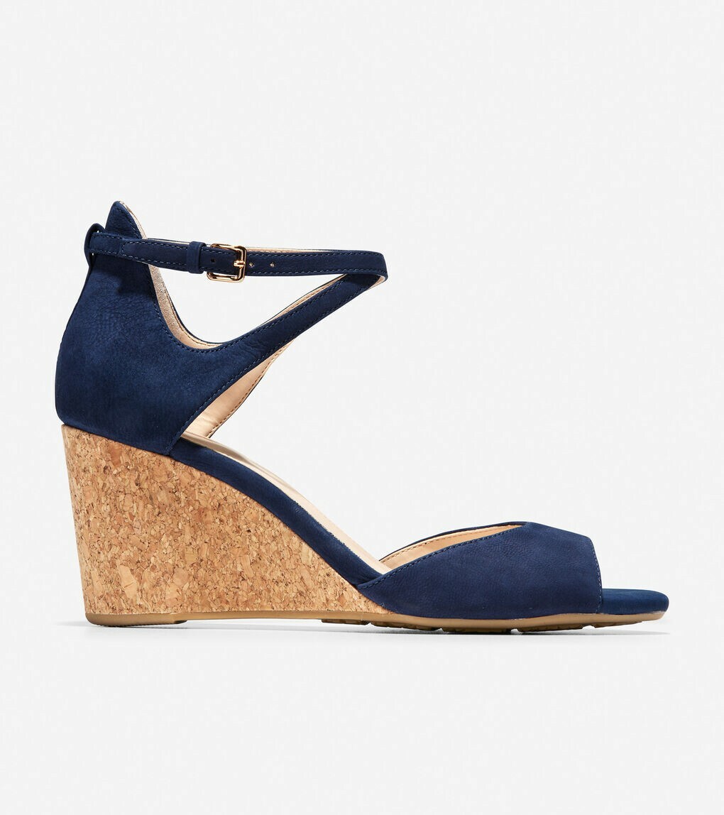 Cole Haan SADIE LEATHER GRAND CORK WEDGE SANDALS MARINE/BLUE