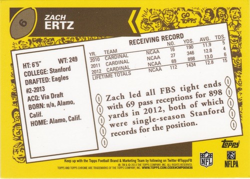 2013 Topps Chrome Football ZACH ERTZ 1986 Retro RC #6 Philadelphia Eagles - Picture 2 of 2