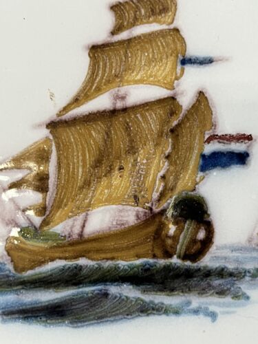 Vintage Dutch Delft polychrome blaue handbemalte glasierte Fliese Schiff Makkum Holland - Bild 3 von 11