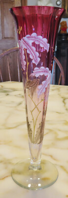 Antique Moser Rubina Art Glass Enamel Trumpet Vase  c. 1890s, 10 3/4'' t.