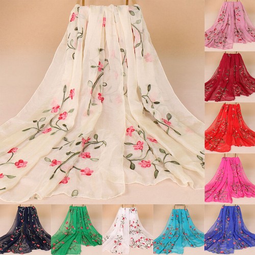 Summer Beach Women Thin Silk Scarf Shawl Chiffon Flower Embroidery Long Tippet - Picture 3 of 26