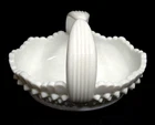 Fenton White Milk Glass Hobnail Oval Split Handle Scalloped Edge Basket 6.5"