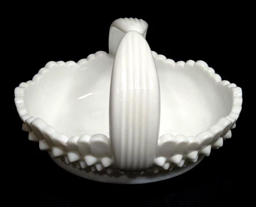 Fenton White Milk Glass Hobnail Oval Split Handle Scalloped Edge Basket 6.5"