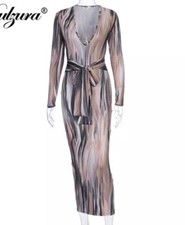 Brown print bodycon midi dress - size M-