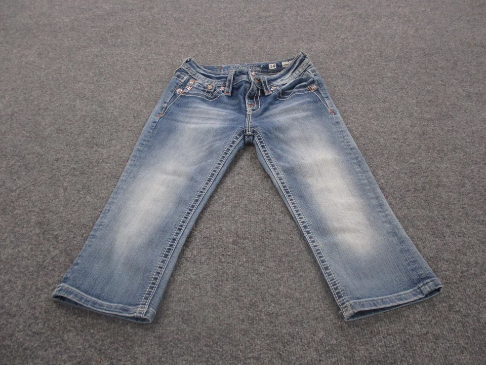 Miss Me Jeans Girl 14 Blue Cuffed Capri Denim Embroidered Rhinestones Y2K Preppy - Image 2 of 4