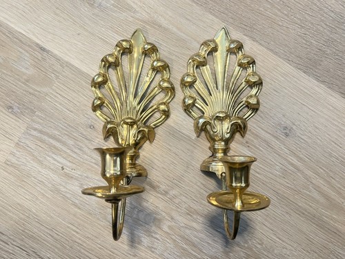 Vtg Set of 2 Brass Art Deco Candle Holder Sconce Wall Hangings Hollywood Regency
