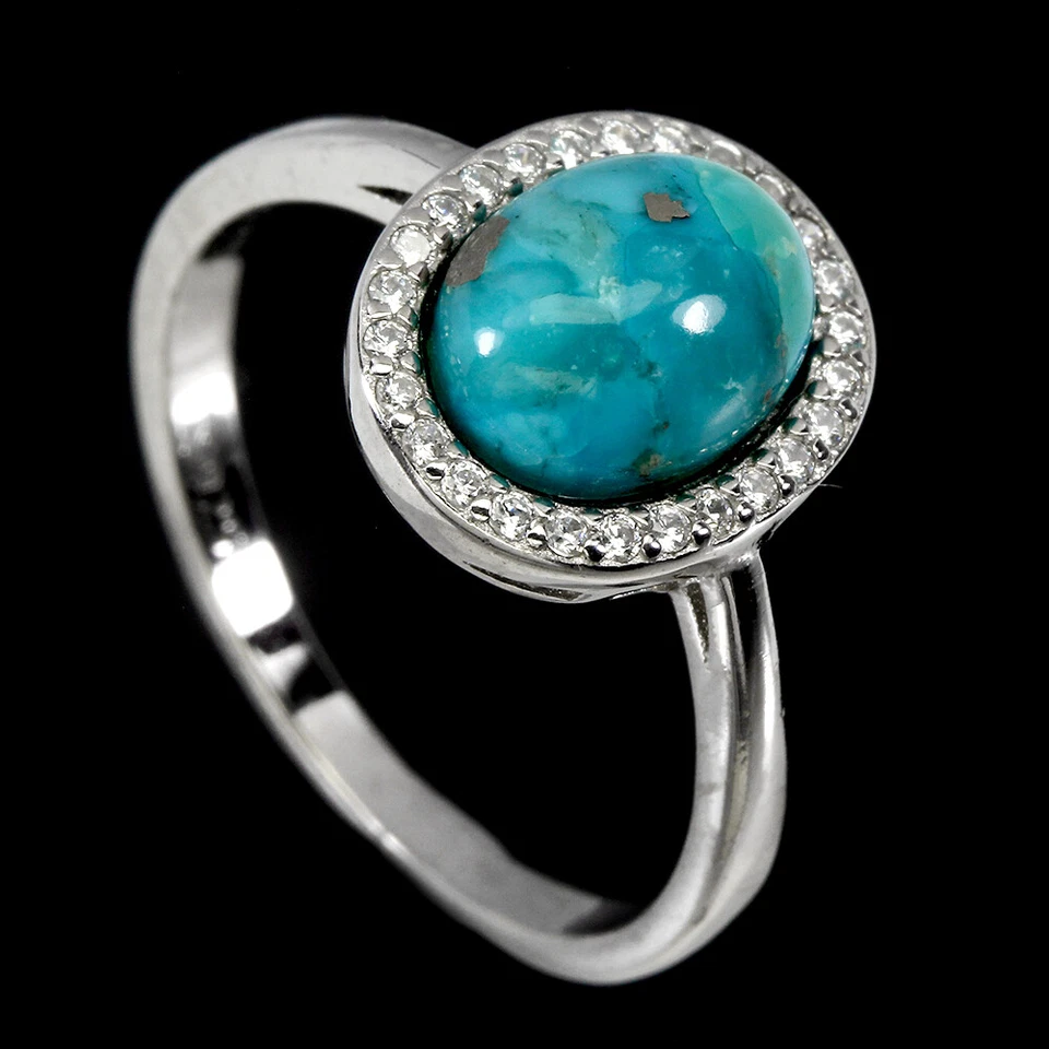 925 Anello Argento Sterling Ovale Turchese 9x7mm Gemma Pietra Naturale Gioielli - Immagine 2 di 4