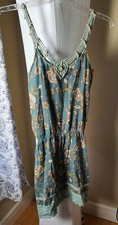 Desire Sz 8 Green & Floral Beaded Spaghetti Strap Short Cotton Summer Dress