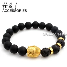 MEN Stainless Steel 10mm Brush Black Onyx Gold Buddha Bead Stretchy Bracelet*SB6