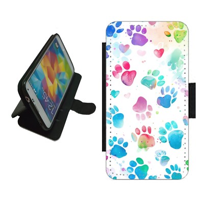 Bunte Pfotenabdrücke Handyhülle Wallet Flip Cover für iPhone Samsung Google PAW3