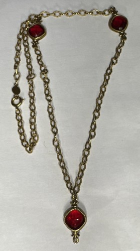 Vintage Accessocraft N.Y.C. Red Glass Necklace Bezel Set Gold Tone Signed 26” - Foto 6 di 7