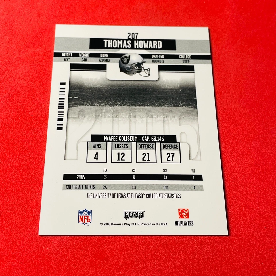 Thomas Howard .. ROOKIE AUTOGRAPH .. Oakland Raiders .. 2006 Playoff Card 207 - Image 2 of 2