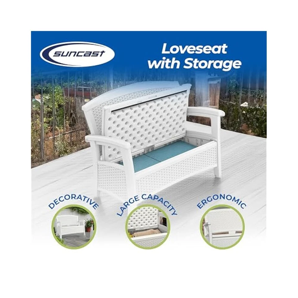 Loveseat con almacenamiento, asientos de patio al aire libre, elementos Suncast, blanco, fuerte Foto 4 de 4