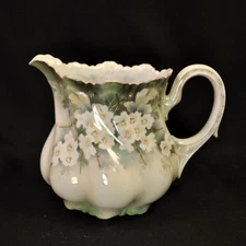 RS Germany Pitcher 7" Hand Painted Surreal Dogwood Flowers White Gold 1910-1945