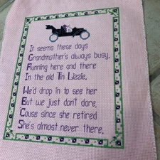 Handmade Finished Cross Stitch Unframed Grandma Old Car Tin Lizzie Pink