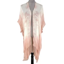 Versona Duster Womens White Pink Floral Shawl Fringe Open Front Rayon New