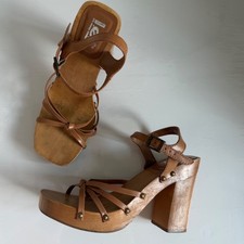 Vintage 90s Leather Wooden Sandals with Chunky Heels Size 7.5