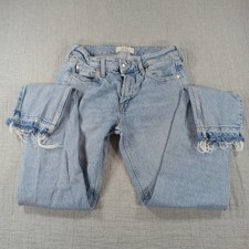 Free People We The Free Slim Straight Distressed Raw Hem Jeans Sz 25 Lt Wash