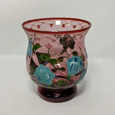 Vintage Elegant Amethyst Purple Glass Vase With Hand Painted Flowers 5.5" x 5"