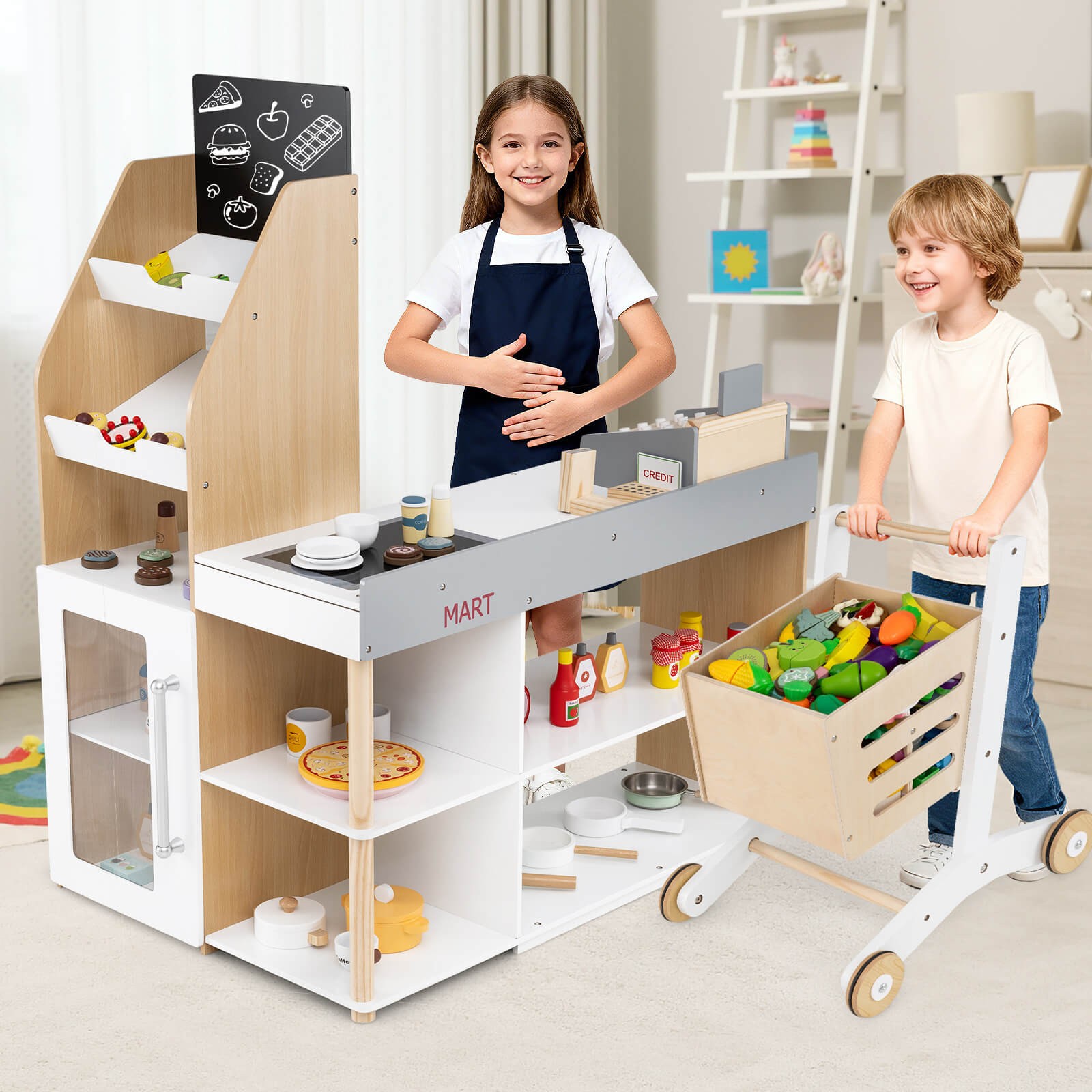 как выглядит Pretend Grocery Store Playset w/ Shopping Cart, Checkout Counter, Cash Register фото