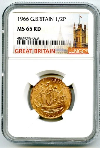 1966 1/2P GREAT BRITAIN HALF PENNY NGC MS65 RD COPPER QUEEN ELIZABETH - SCARCE