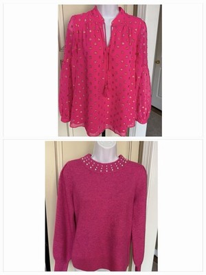 Lot of 2 CeCe Crown Ivy Women Sweater  Pearls Small Gold Embellished Pink