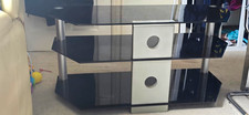 Black & Silver Glass/Metal Freestanding TV Stand, 3 Shelves, Open Storage