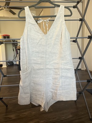 Athleta Beige Linen Sleeveless Tie Back Romper V-Neck  Pockets Relaxed Fit
