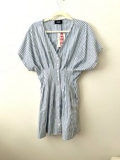 Cider Dress L NWT Blue White Stripe Button V Neck Dolman Sleeve Mini Cottagecore