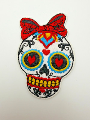 Sugar Skull With Bow Cute Day Of The Dead Iron On Embroidered Patch 2.5''  