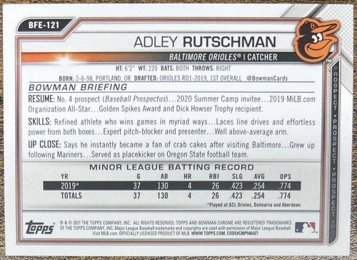 2021 Bowman 1st Edition Adley Rutschman Sky Blue Foil #BFE-121 Orioles - Picture 2 of 2