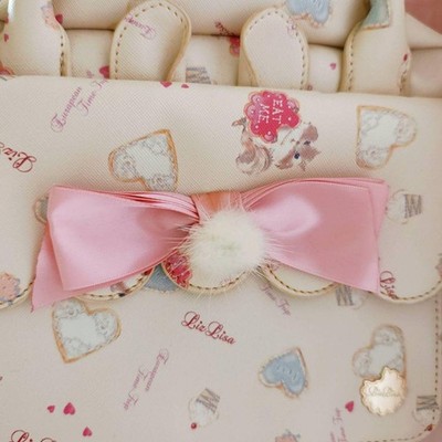 Liz Lisa Heart Print Shoulder Bag Cream Pink Ruffle Fur Pompon